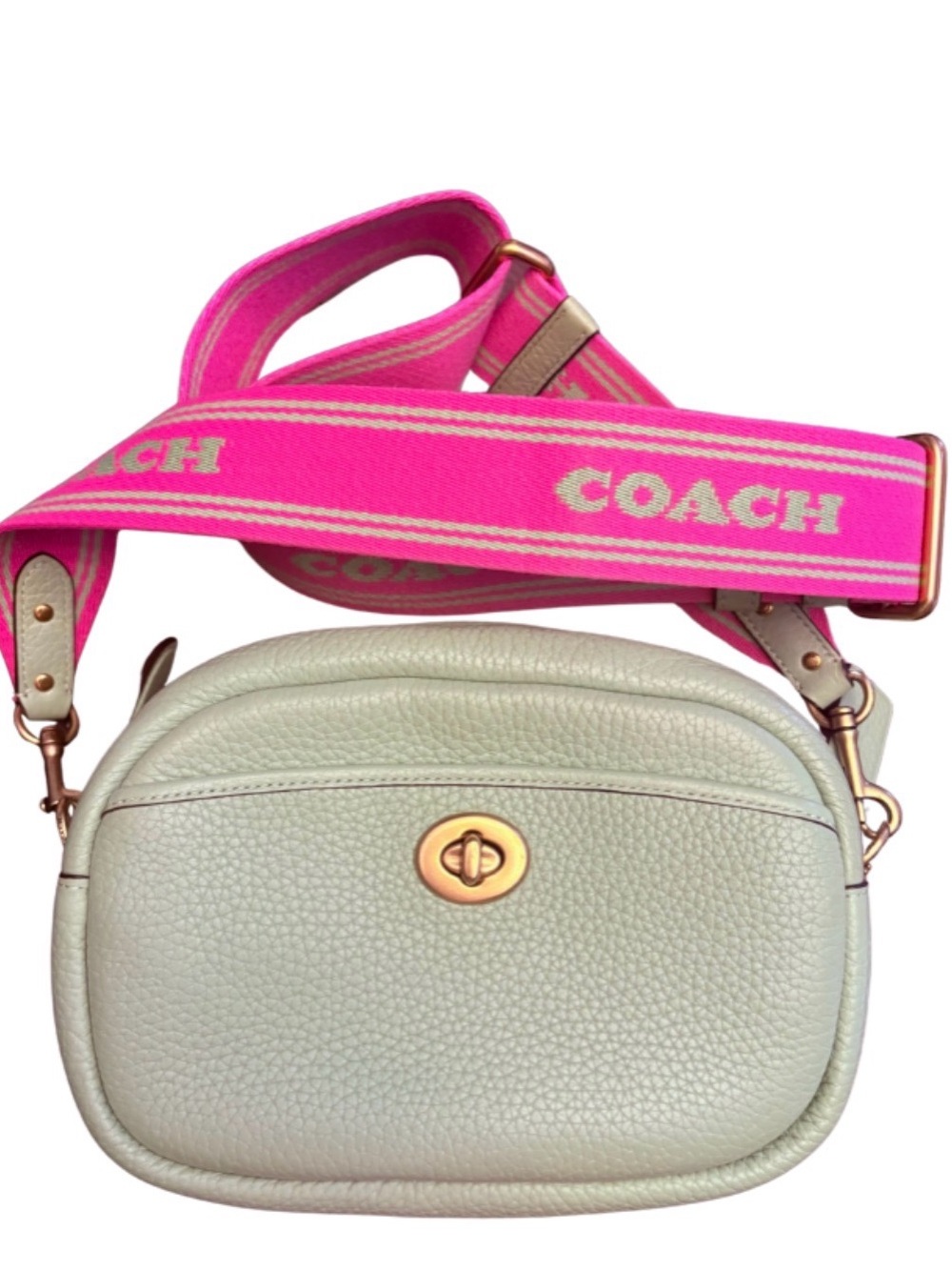Coach Mint Green Pebbled Leather Crossbody Camera Style Bag Pink & Green Strap